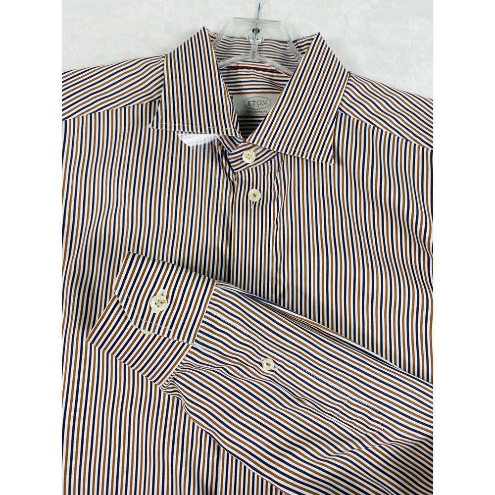 Eton Dress Shirt Sz 16.5/42 Brown Striped Contemporary Long‎ Sleeve Business
